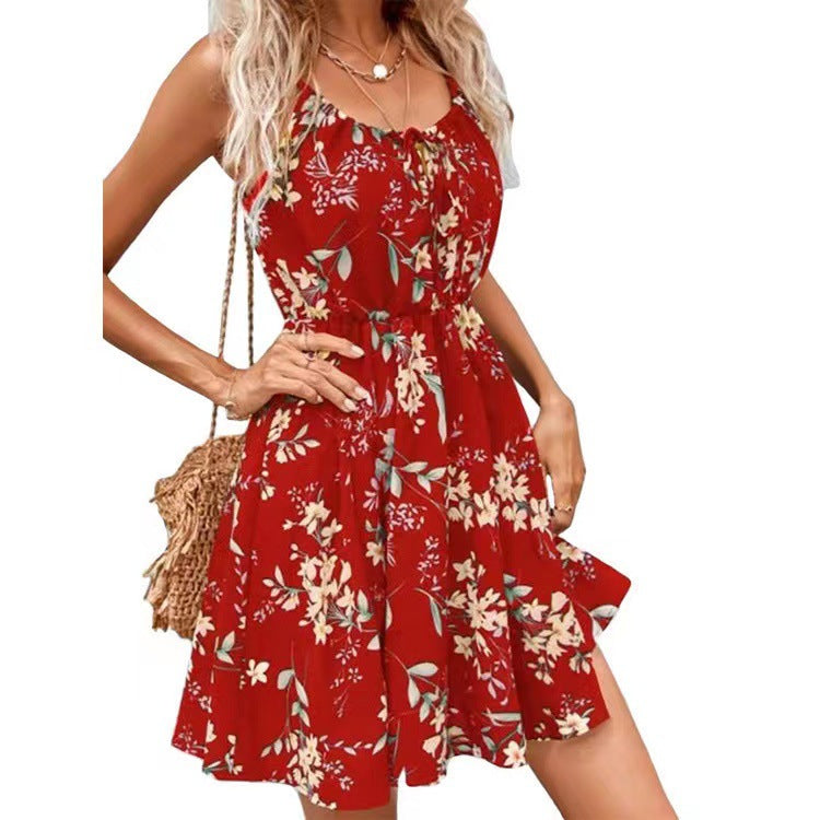 Elegantes ärmelloses bedrucktes Kleid mit elastischer Taille und Trägern für Damen