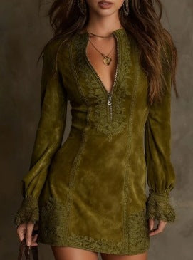 Elegantes, figurbetontes Midi-Kleid für Damen mit langen Ärmeln, Reißverschluss und Spitzenbesatz