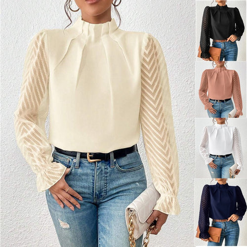 Herbst Winter Neue Damen Rollkragenpullover Geteiltes Wellenmuster Chiffon Langarm-Oberteil