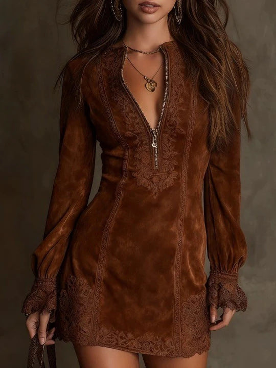 Elegantes, figurbetontes Midi-Kleid für Damen mit langen Ärmeln, Reißverschluss und Spitzenbesatz