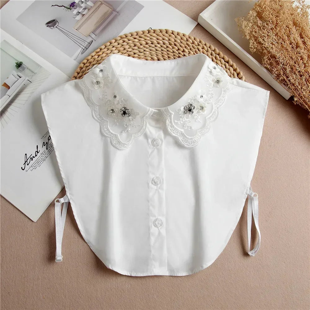 New Detachable White Front Tie Collar for Women, Vintage Lace Style, Fake Blouse Collar for Girls and Ladies, Trendy 2025